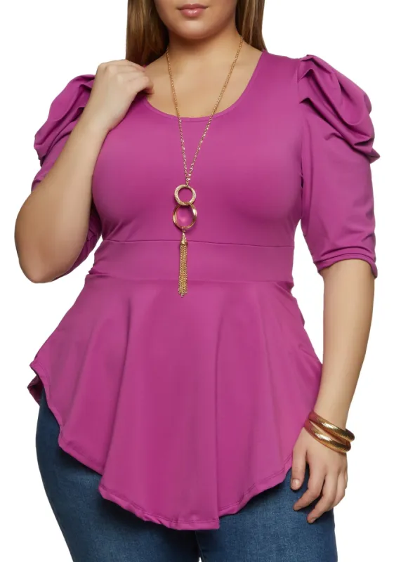 Plus Size Puff Sleeve Peplum Top with Necklace sold by Rainbow