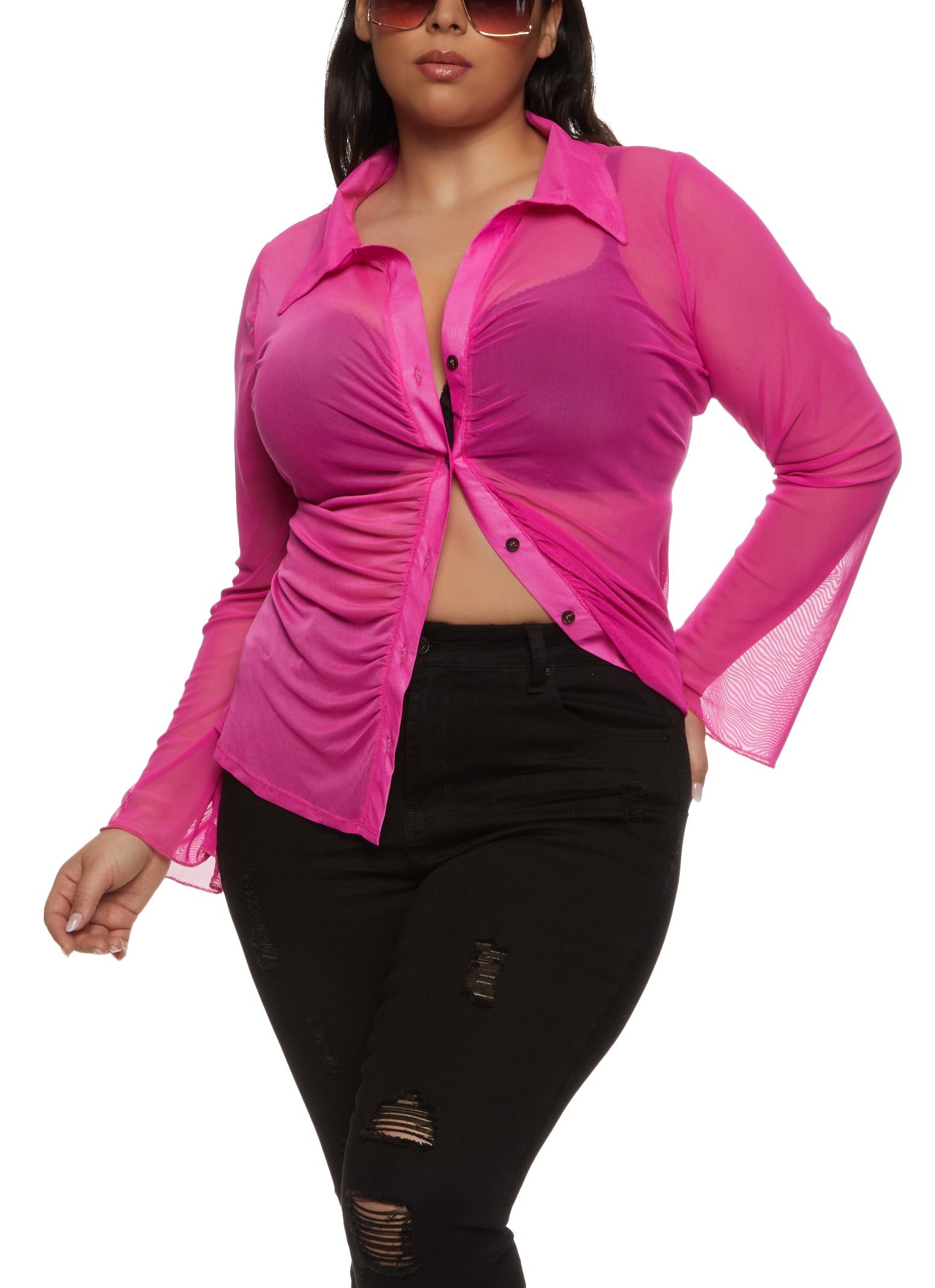 Plus Size Mesh Ruched Button Front Shirt sold by Rainbow product image thumbnail 2