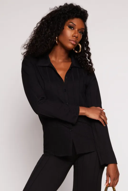 Ribbed Button Front Long Sleeve Shirt sold by Rainbow