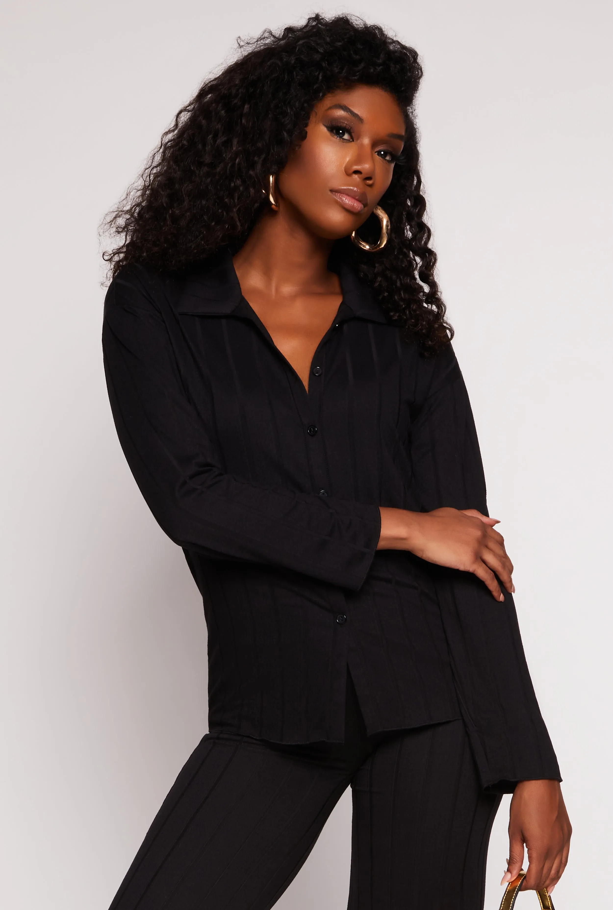 Ribbed Button Front Long Sleeve Shirt sold by Rainbow