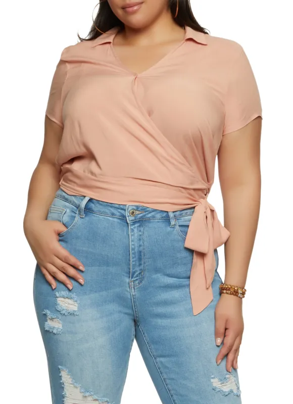 Plus Size Collared Faux Wrap Top sold by Rainbow