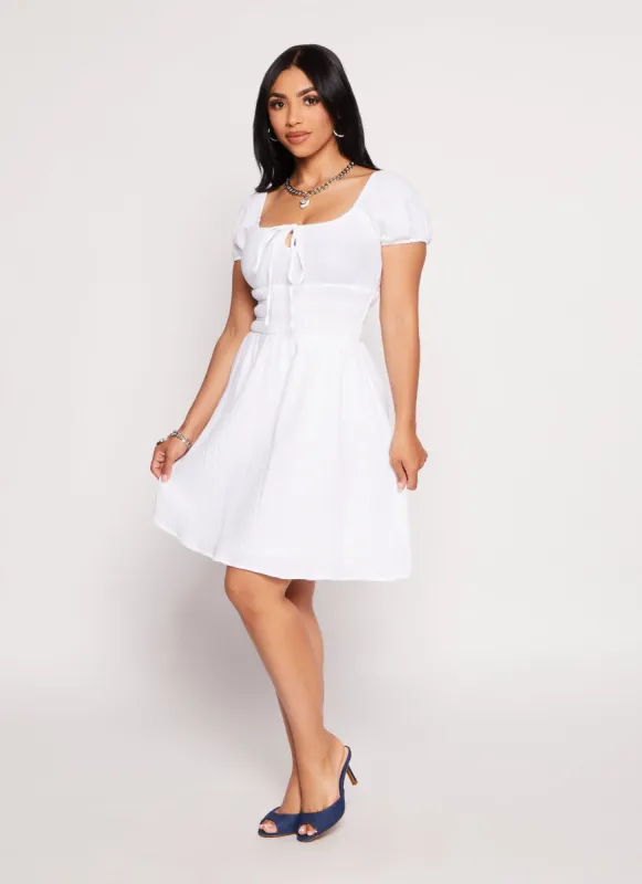 Keyhole Scoop Neck Smocked Waist Peasant Dress sold by Rainbow
