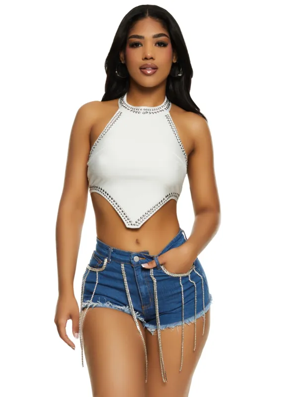 Studded Trim Halter Neck Crop Top sold by Rainbow