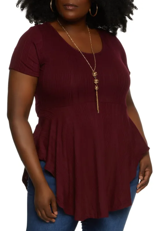 Plus Size Rib Knit Ruffled Hem Top with Necklace sold by Rainbow