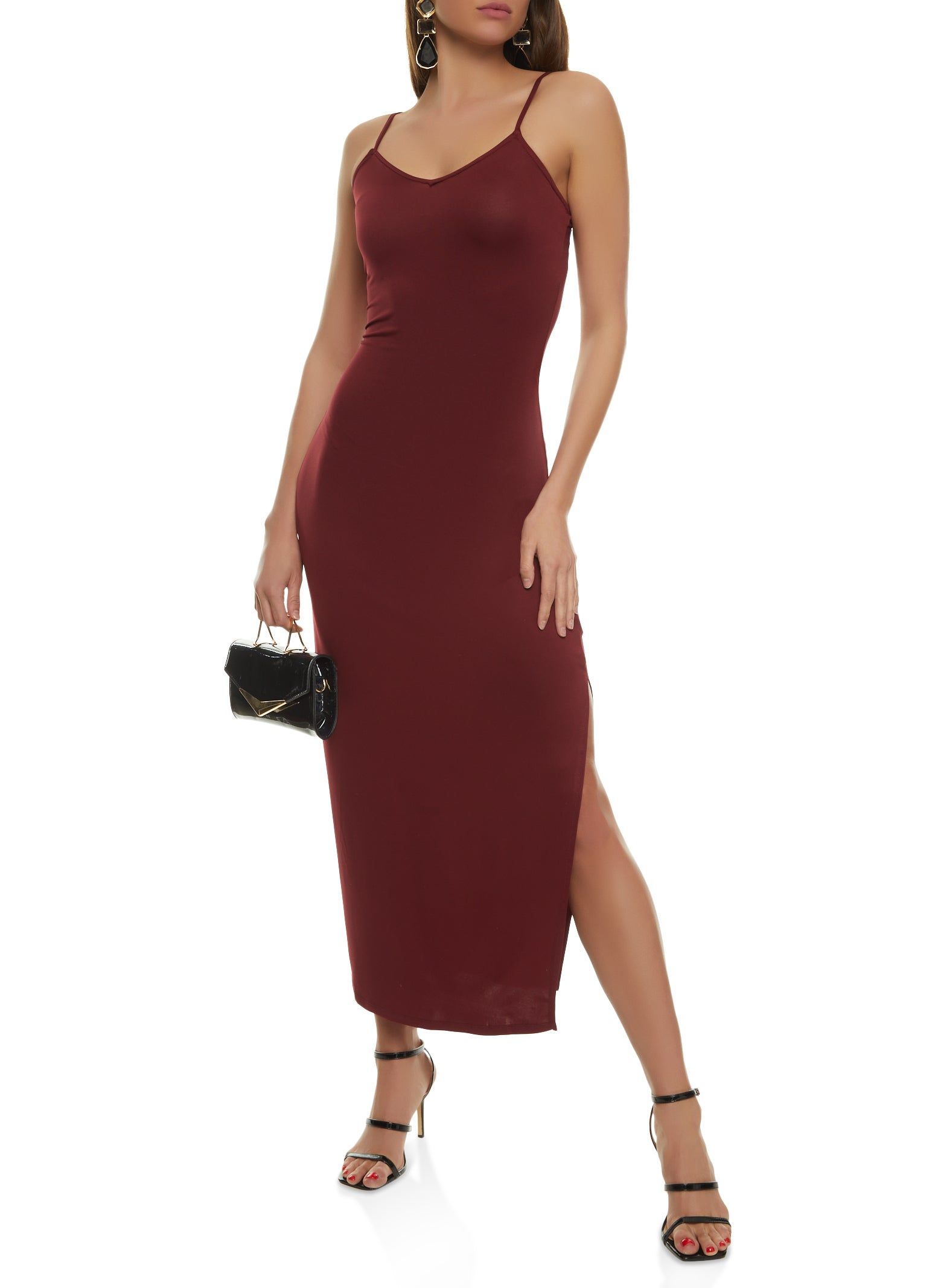 Solid V Neck Side Slit Maxi Dress sold by Rainbow