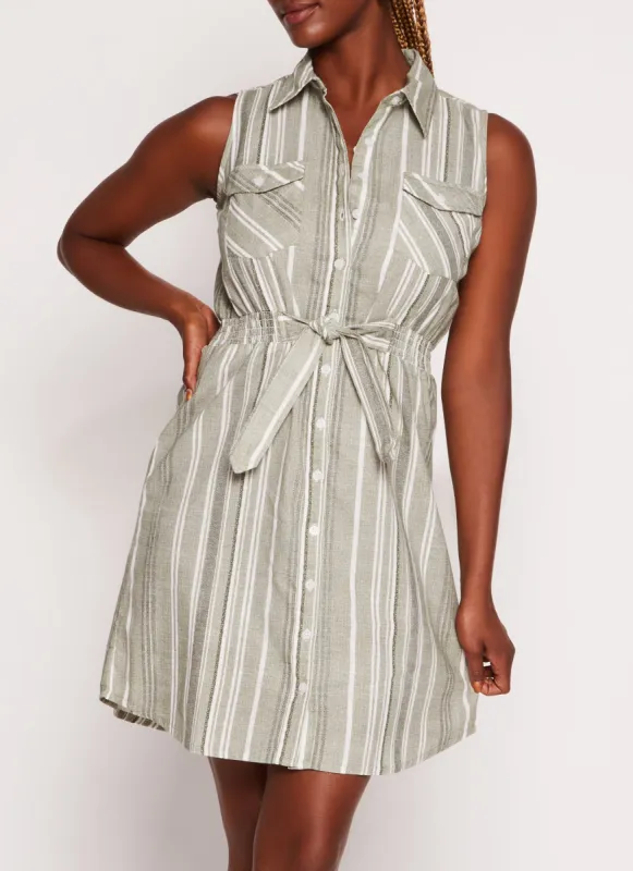 Striped Button Front Smocked Waist Tie Front Shirt Dress sold by Rainbow