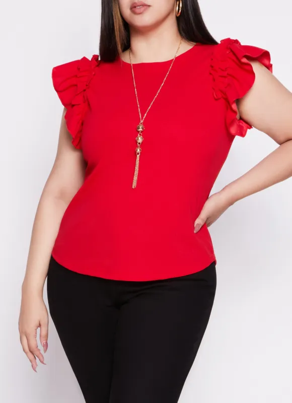 Plus Size Flutter Sleeve Blouse with Necklace sold by Rainbow