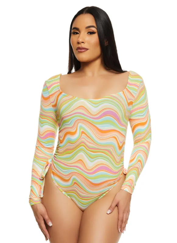 Almost Famous Swirl Print Ruched Bodysuit sold by Rainbow