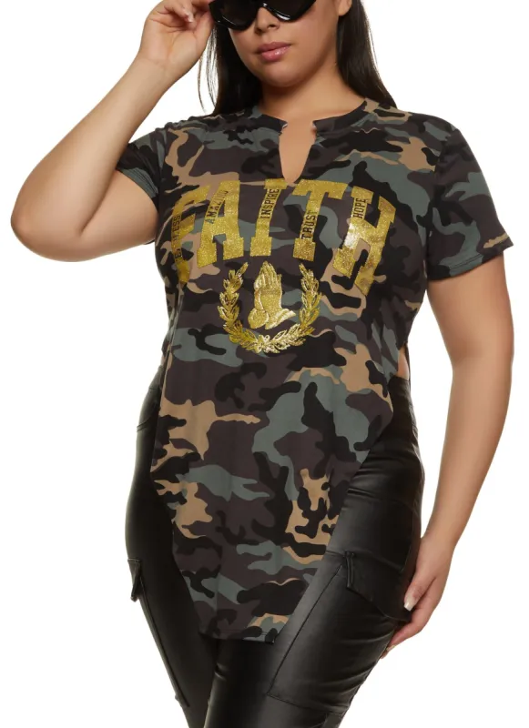 Plus Size Camo Faith Hanky Hem Graphic Tee sold by Rainbow