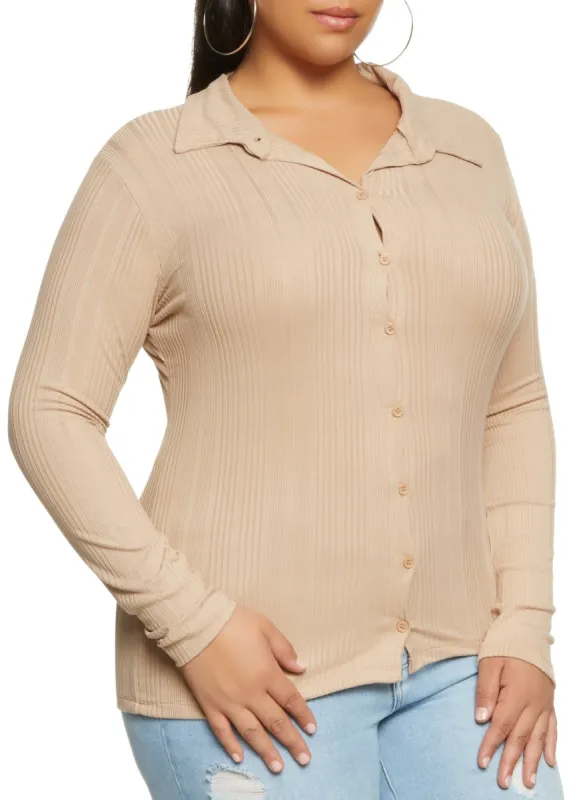 Plus Size Ribbed Button Front Shirt sold by Rainbow