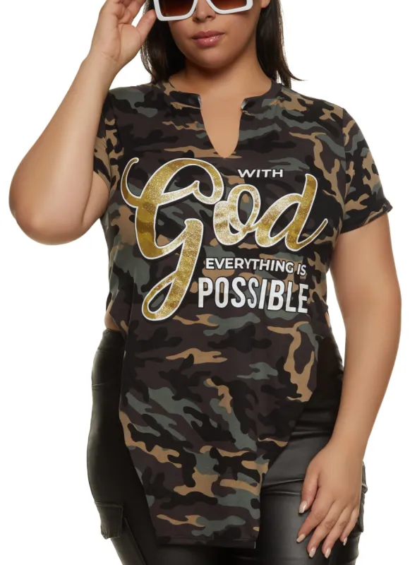 Plus Size With God Everything Is Possible Hanky Hem Graphic Tee sold by Rainbow
