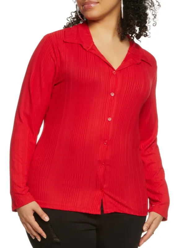 Plus Size Ribbed Button Front Shirt sold by Rainbow