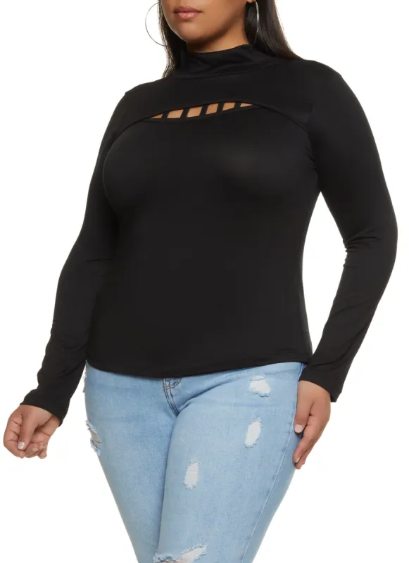 Plus Size Caged Keyhole Mock Neck Long Sleeve Top sold by Rainbow