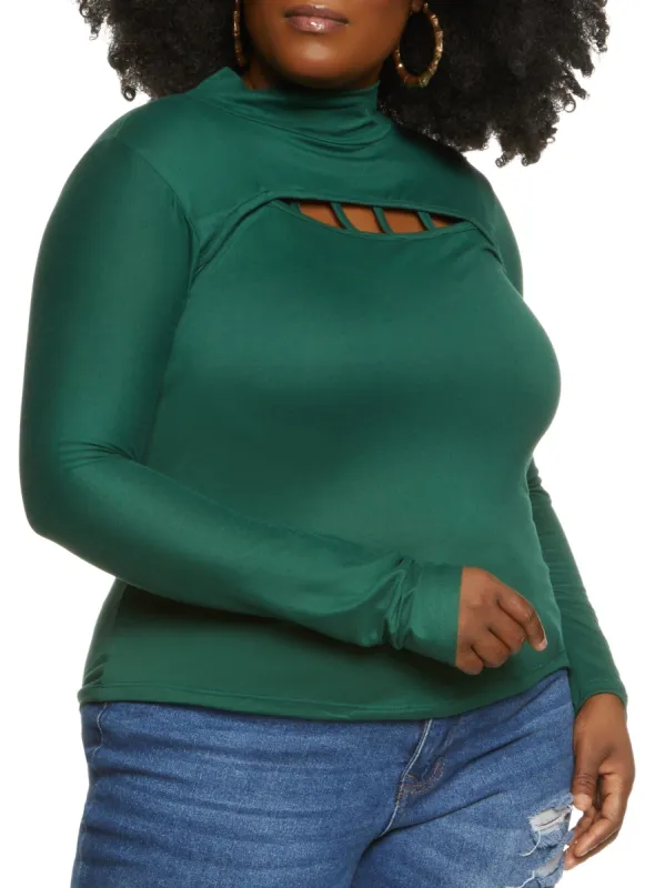 Plus Size Caged Keyhole Mock Neck Long Sleeve Top sold by Rainbow