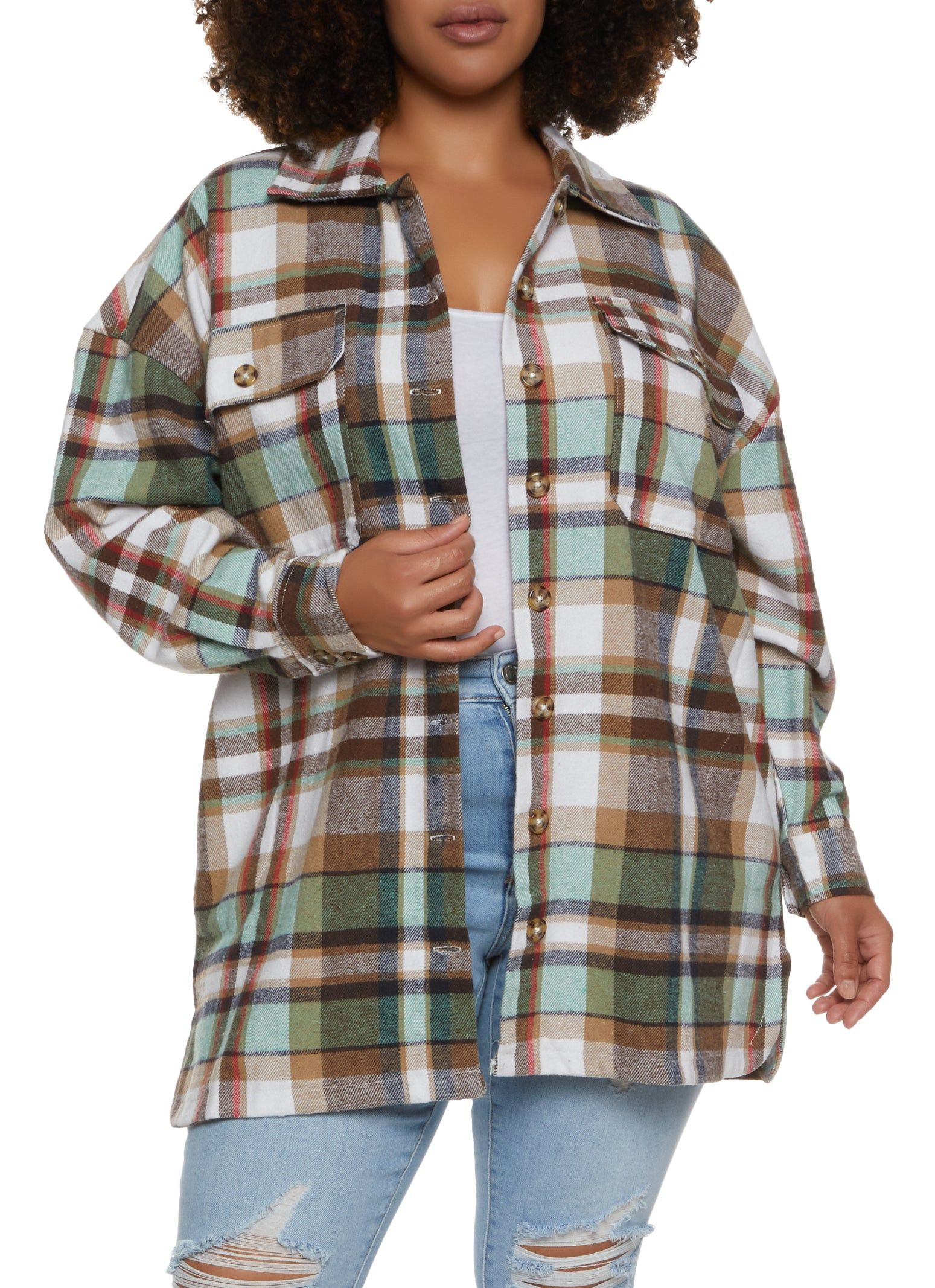 Plus Size Plaid Button Front Shacket sold by Rainbow