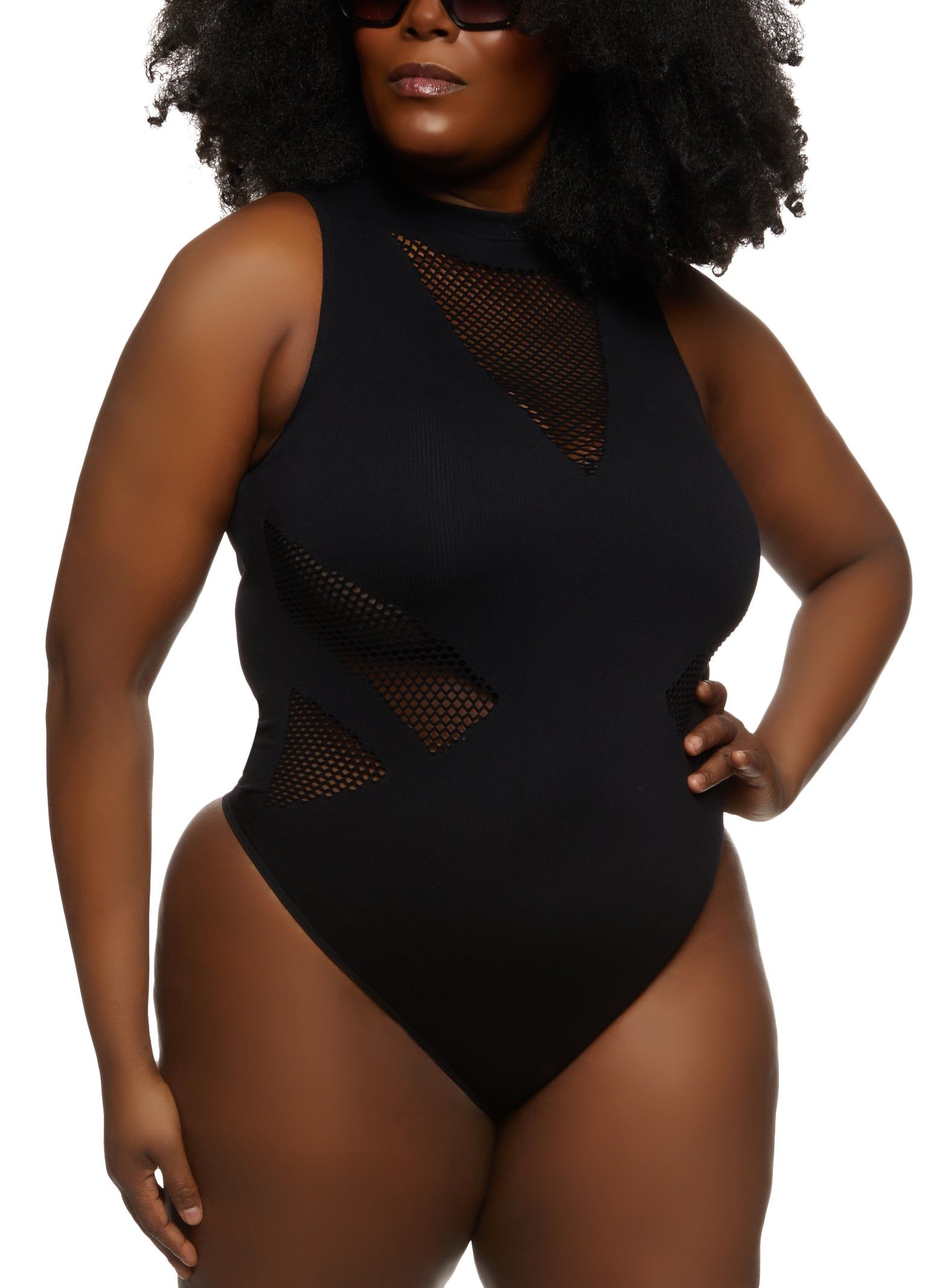 Plus Size Seamless Body Contour Fishnet Detail Bodysuit sold by Rainbow