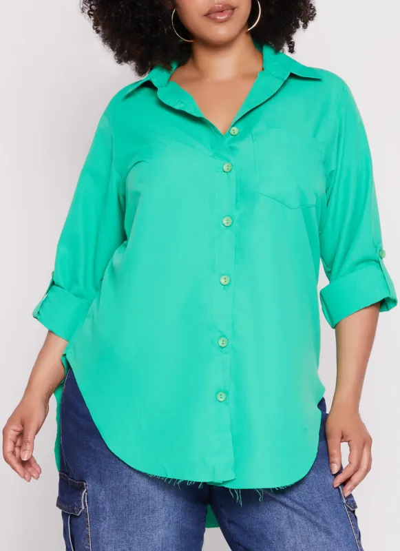 Plus Size Button Front Raw Hem Shirt sold by Rainbow