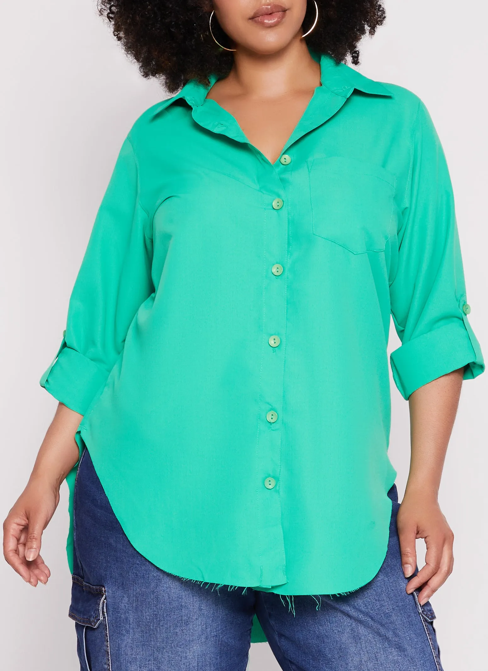 Plus Size Button Front Raw Hem Shirt sold by Rainbow