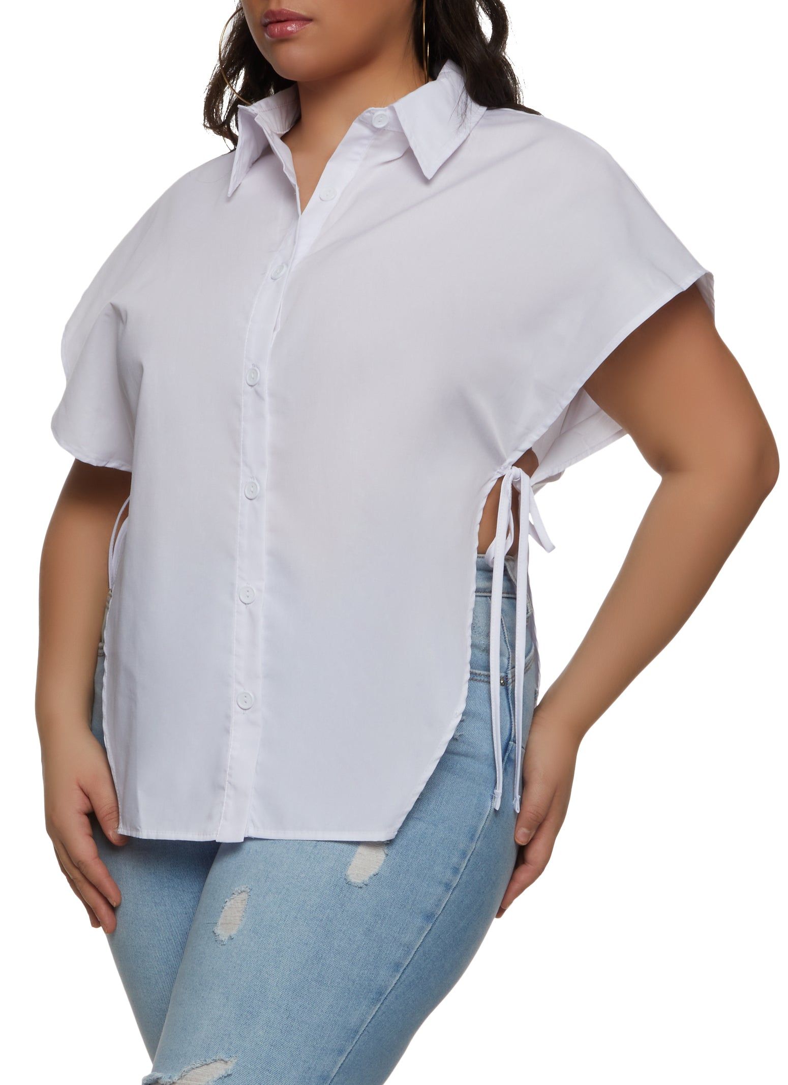 Plus Size Collared Button Front Tie Side Top sold by Rainbow