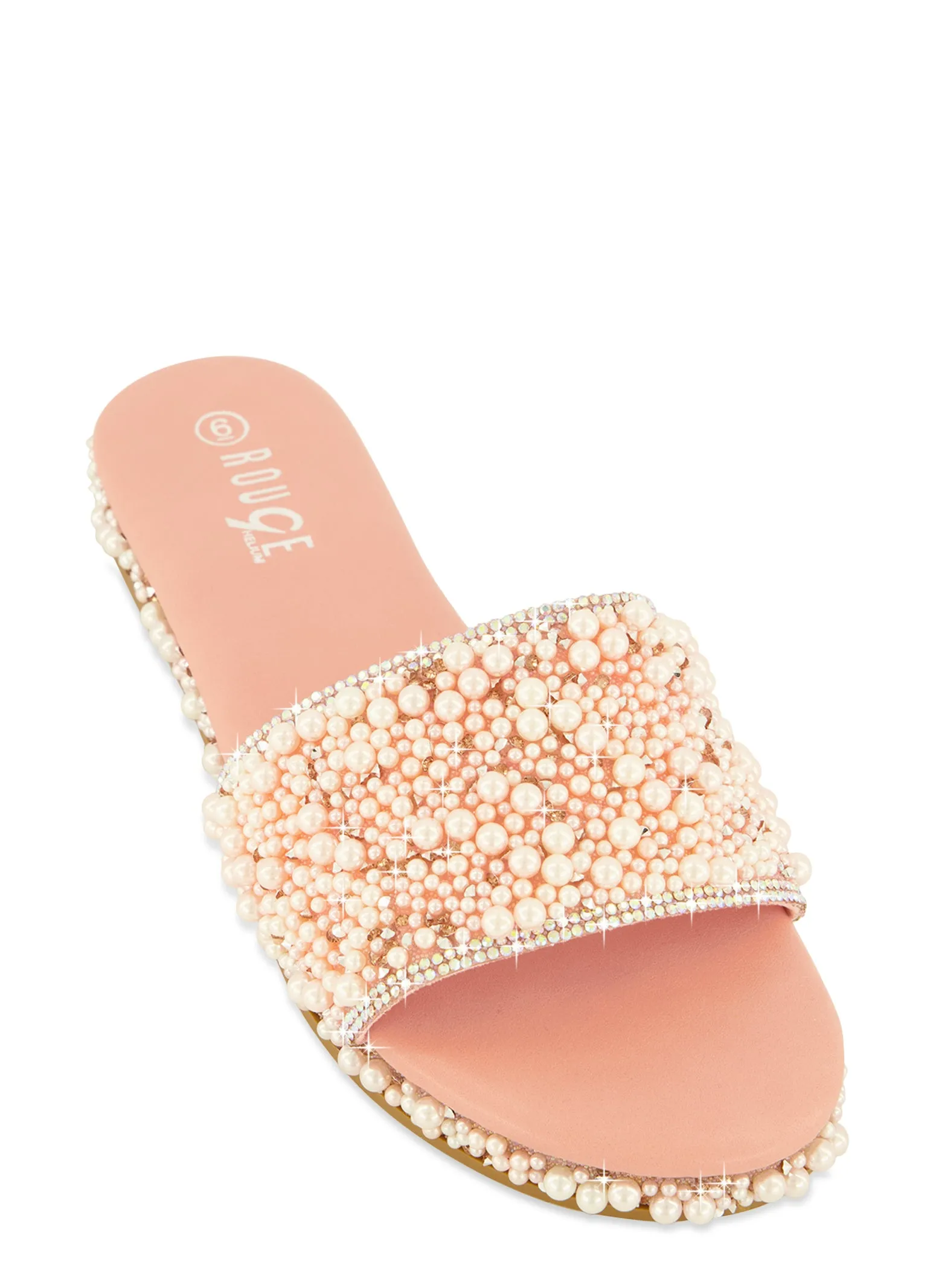 Rhinestone Trim Faux Pearl Band Slide Sandals sold by Rainbow