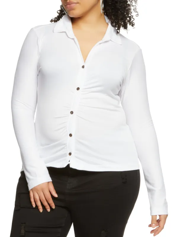 Plus Size Long Sleeve Ruched Button Down Shirt sold by Rainbow