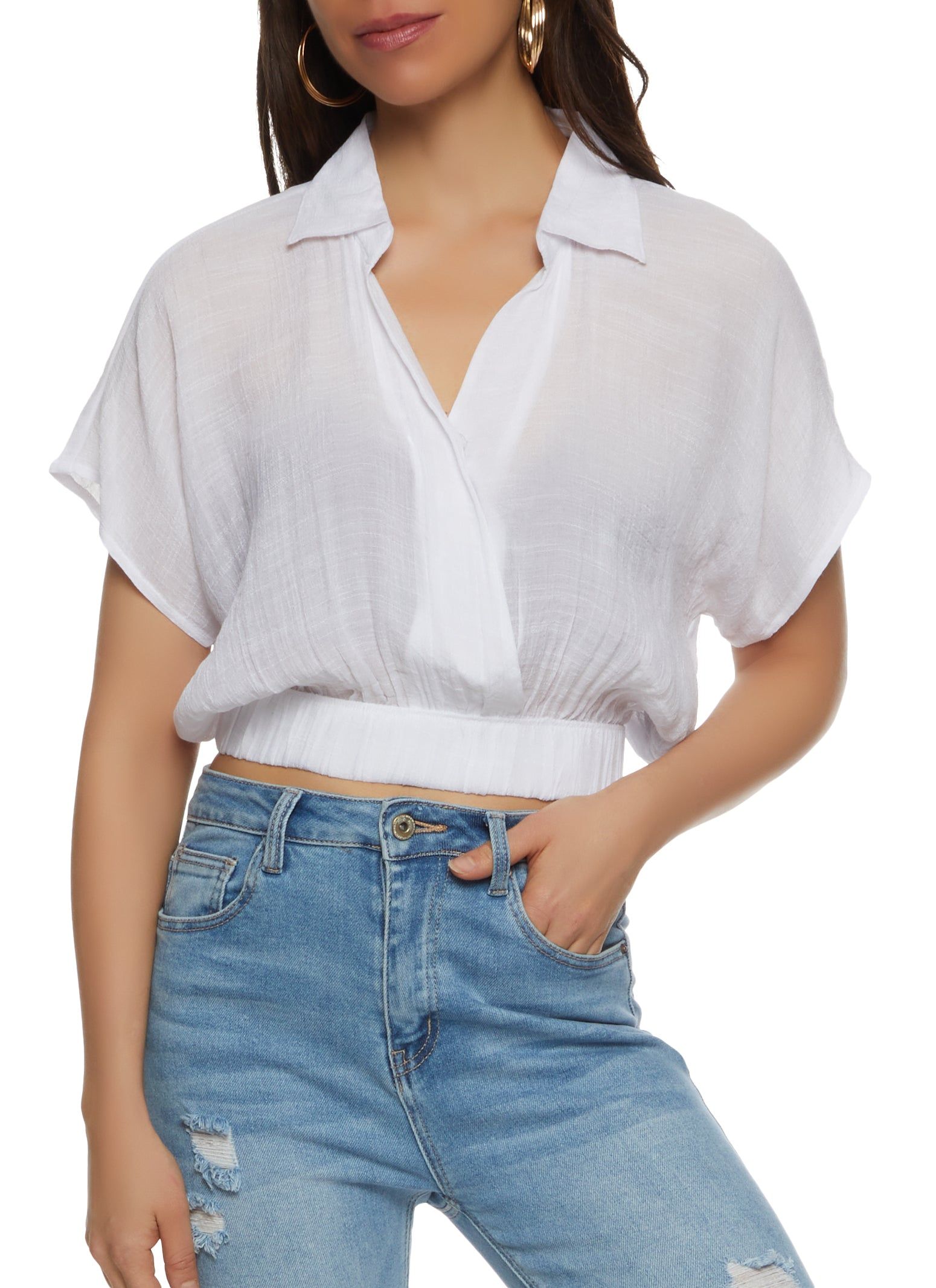 Elastic Waistband Cropped Shirt sold by Rainbow