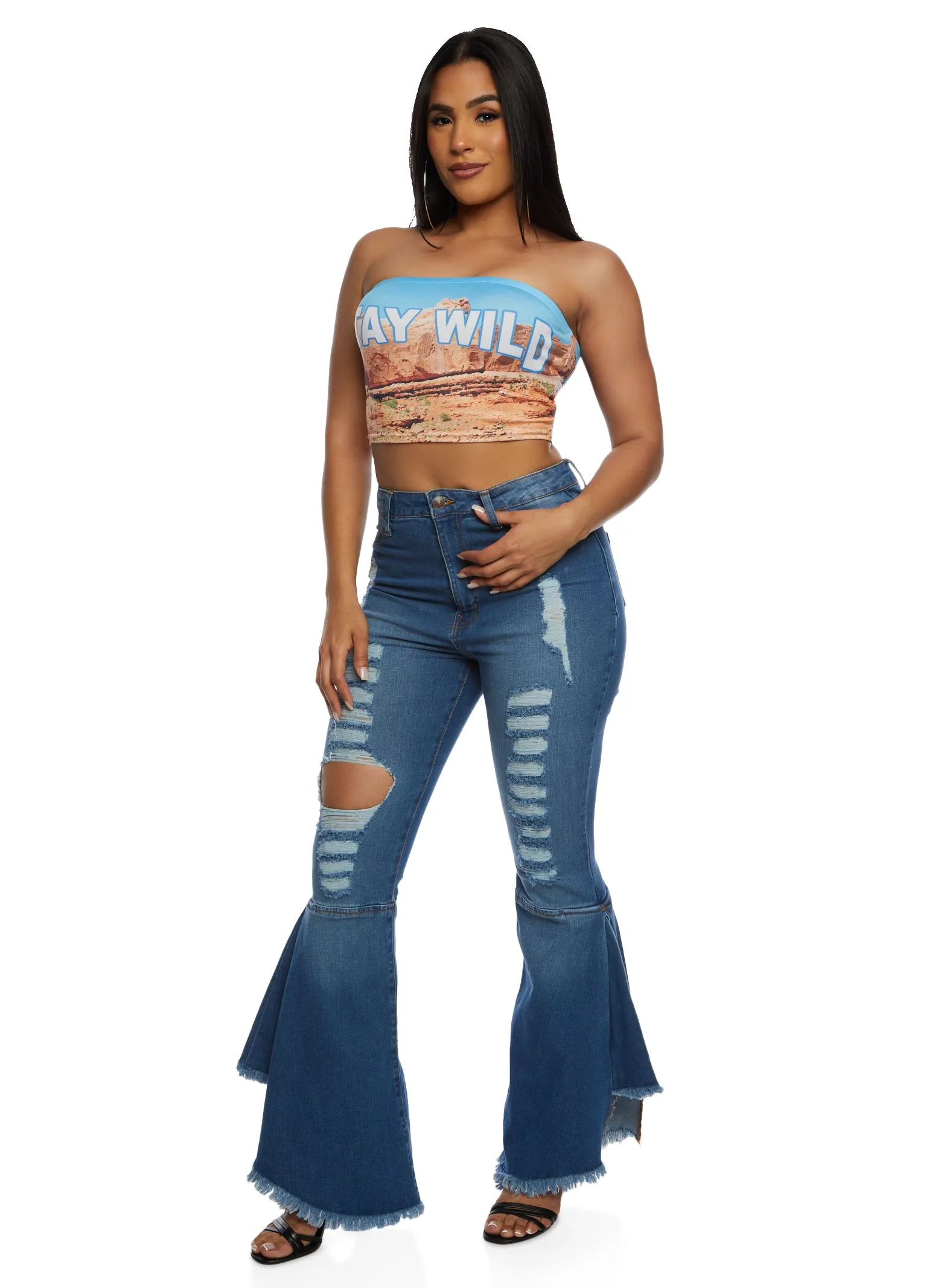 Highway Frayed Trim Distressed Bell Bottom Jeans sold by Rainbow
