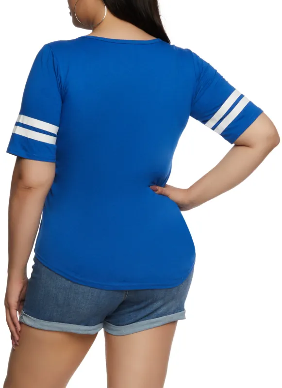 Plus Size Varsity Striped Sleeve Lace Up Crew Neck Tee sold by Rainbow