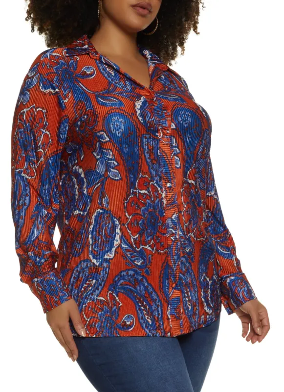 Plus Size Printed Pleated Button Front Shirt sold by Rainbow