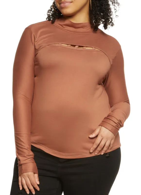 Plus Size Caged Keyhole Mock Neck Long Sleeve Top sold by Rainbow
