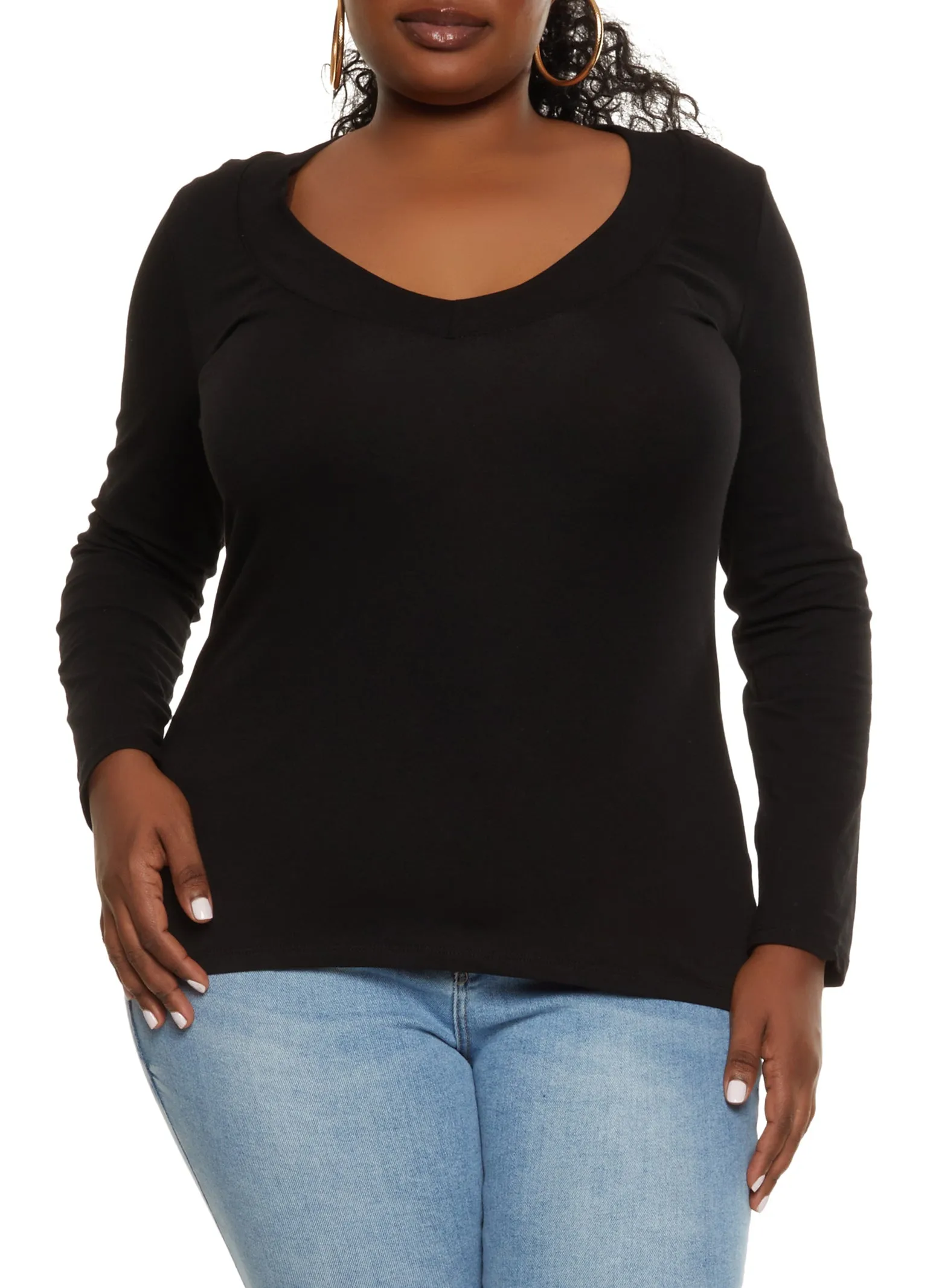 Plus Size Solid V Neck Long Sleeve Tee sold by Rainbow