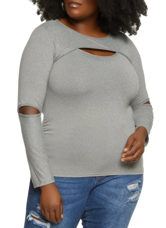 Plus Size Solid Cut Out Long Sleeve Top sold by Rainbow