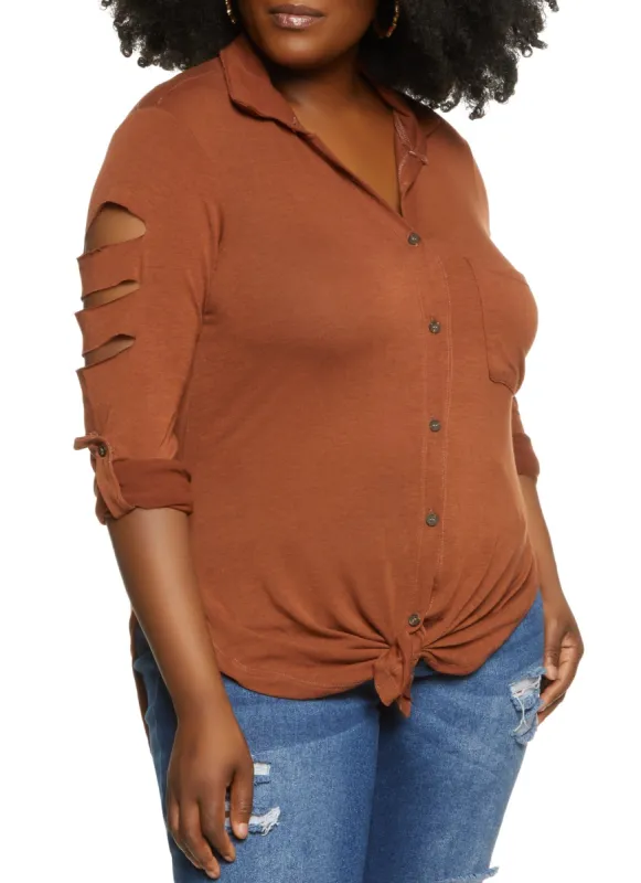 Plus Size Solid Laser Cut Button Down Shirt sold by Rainbow