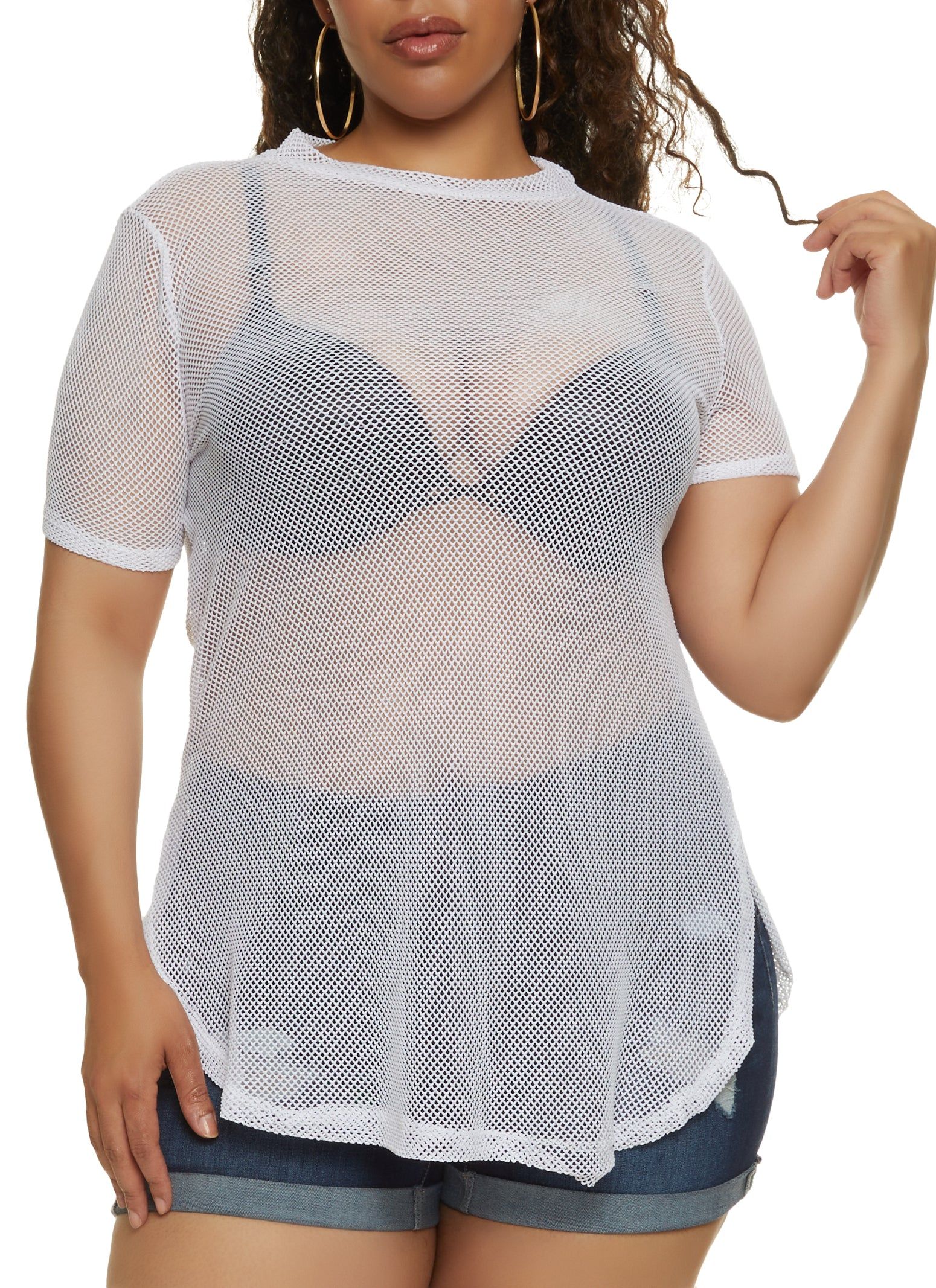 Plus Size Fishnet Short Sleeve Top sold by Rainbow