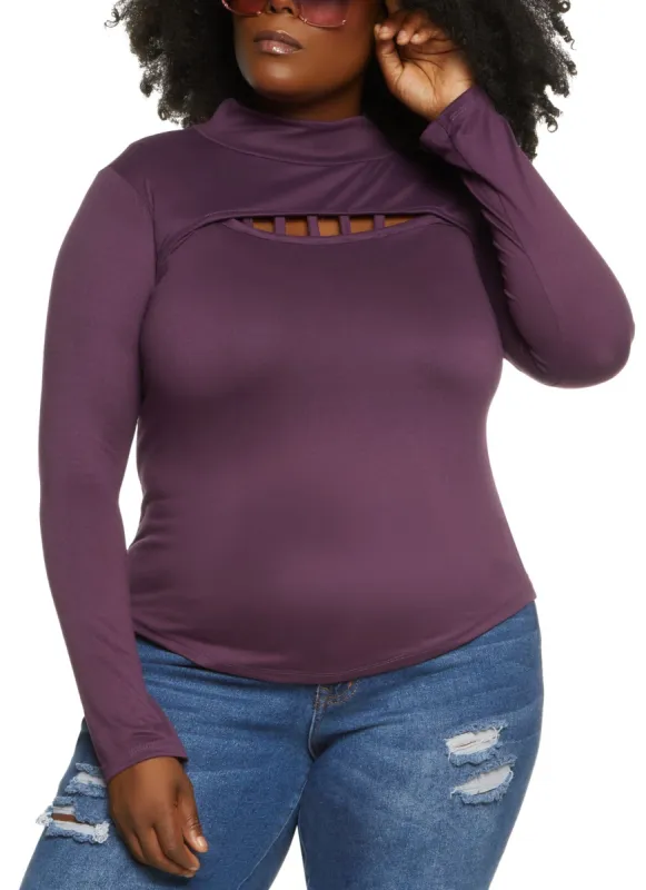 Plus Size Caged Keyhole Mock Neck Long Sleeve Top sold by Rainbow