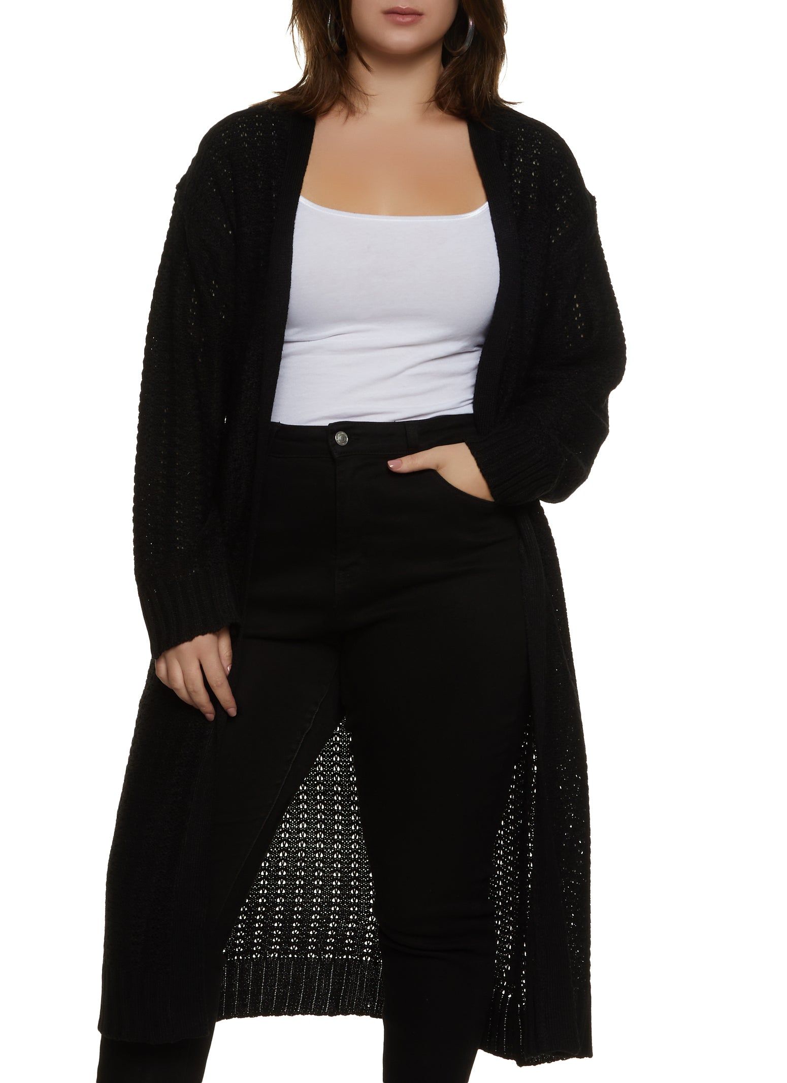 Plus Size Pointelle Knit Open Front Duster sold by Rainbow