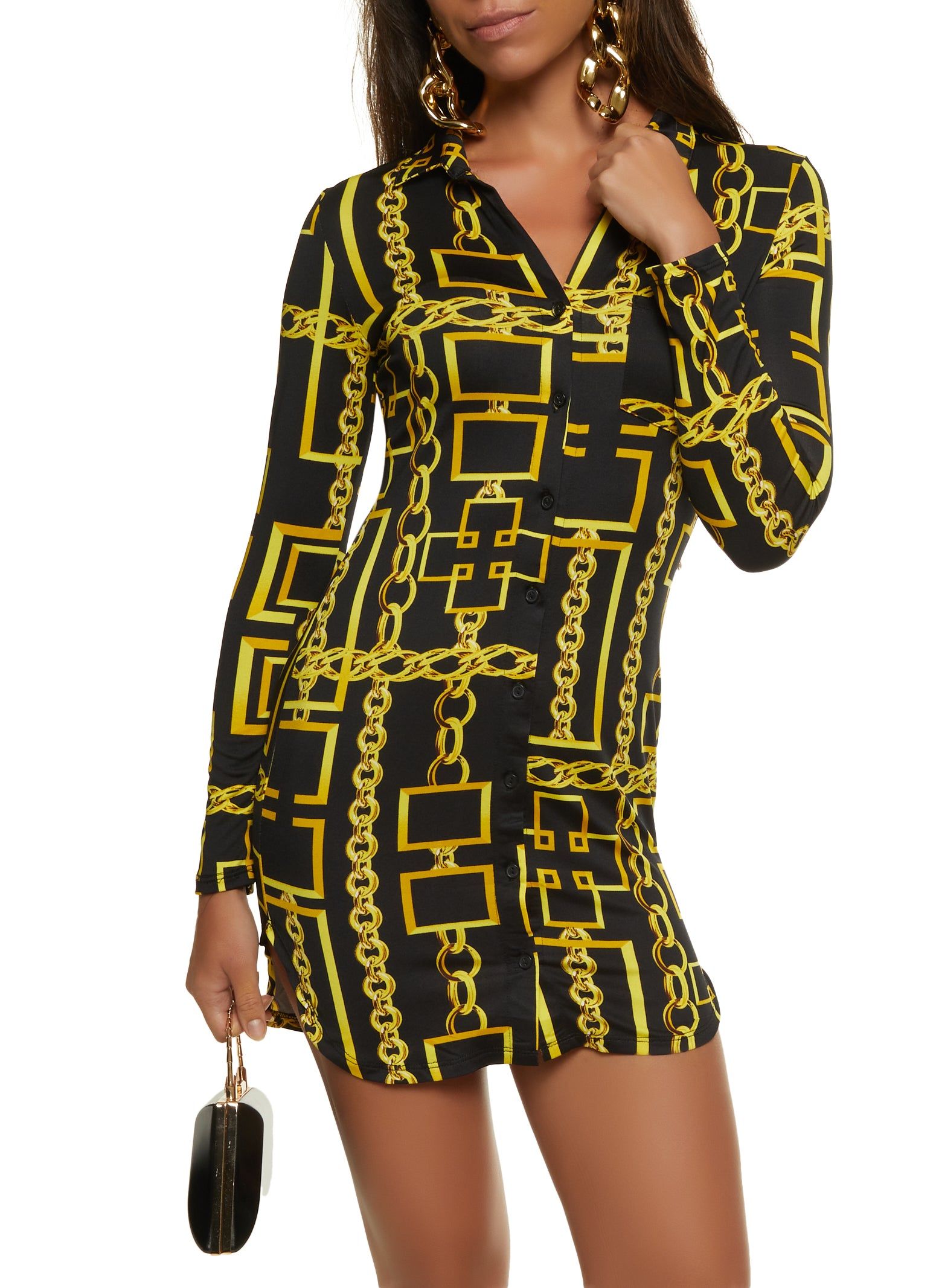 Chain Print Button Front Mini Shirt Dress sold by Rainbow