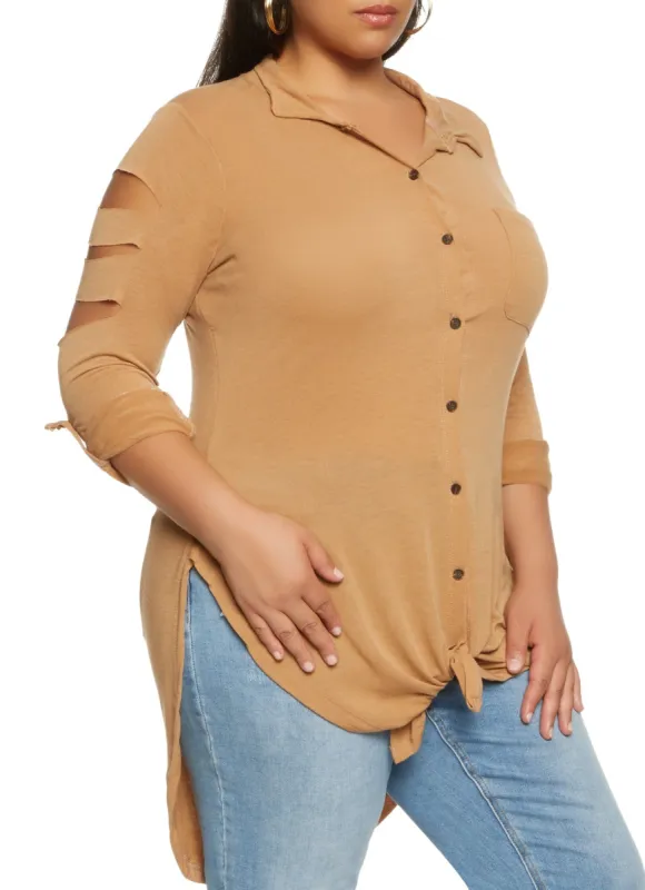 Plus Size Solid Laser Cut Button Down Shirt sold by Rainbow