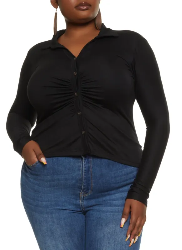 Plus Size Long Sleeve Ruched Button Down Shirt sold by Rainbow