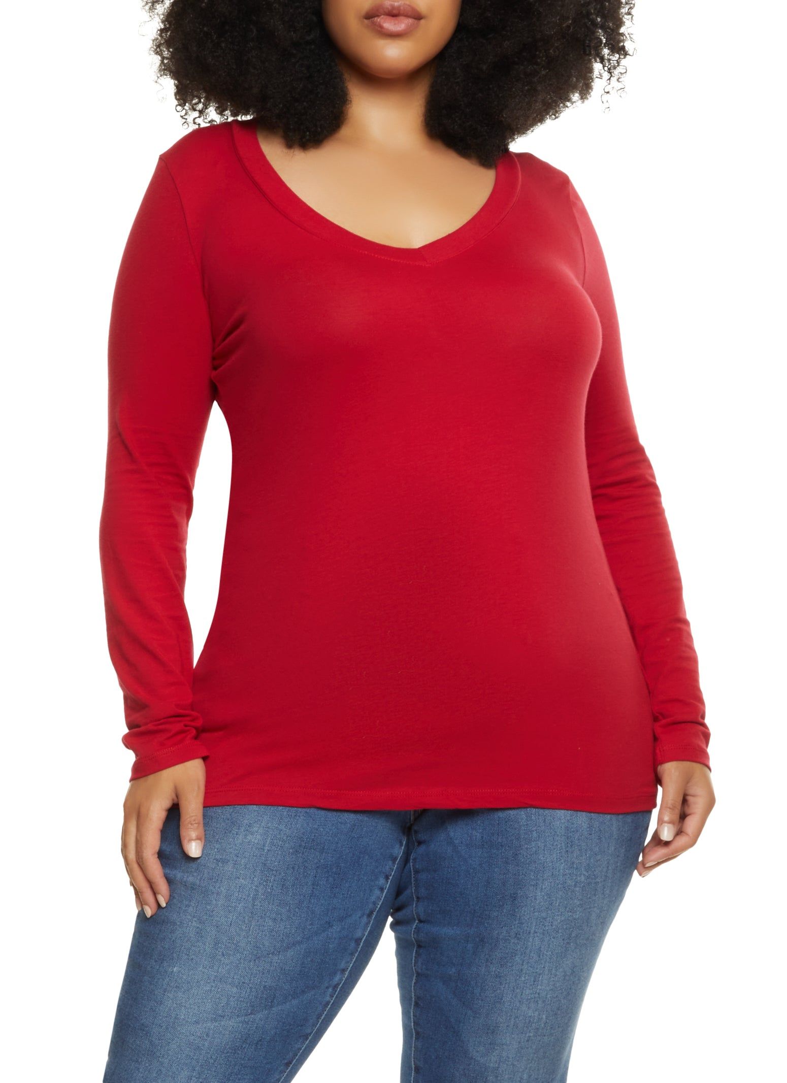 Plus Size Basic V Neck Long Sleeve Tee sold by Rainbow