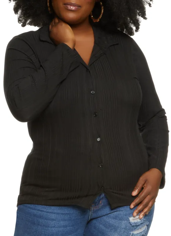 Plus Size Ribbed Button Front Shirt sold by Rainbow