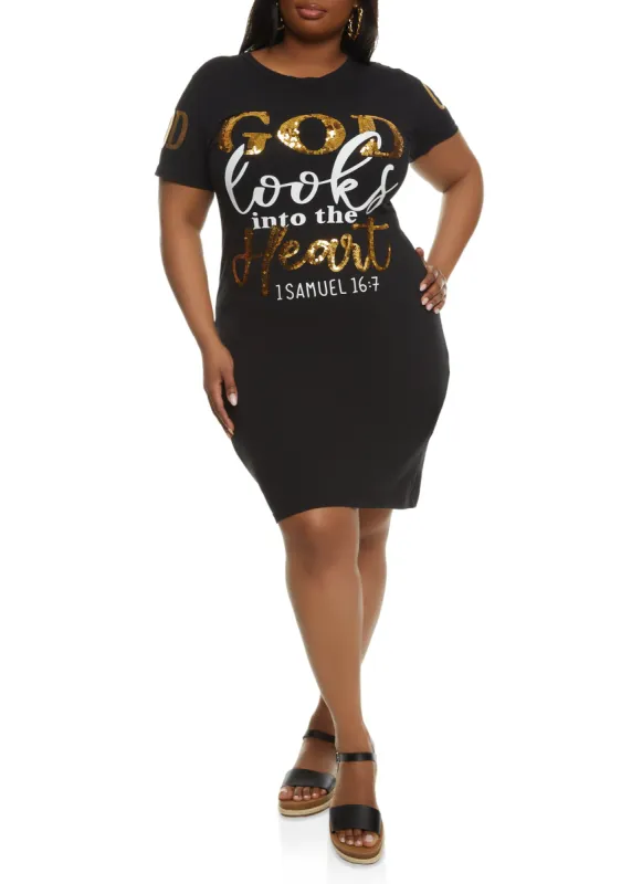 Plus Size Sequin God Looks Into The Heart T Shirt Dress sold by Rainbow