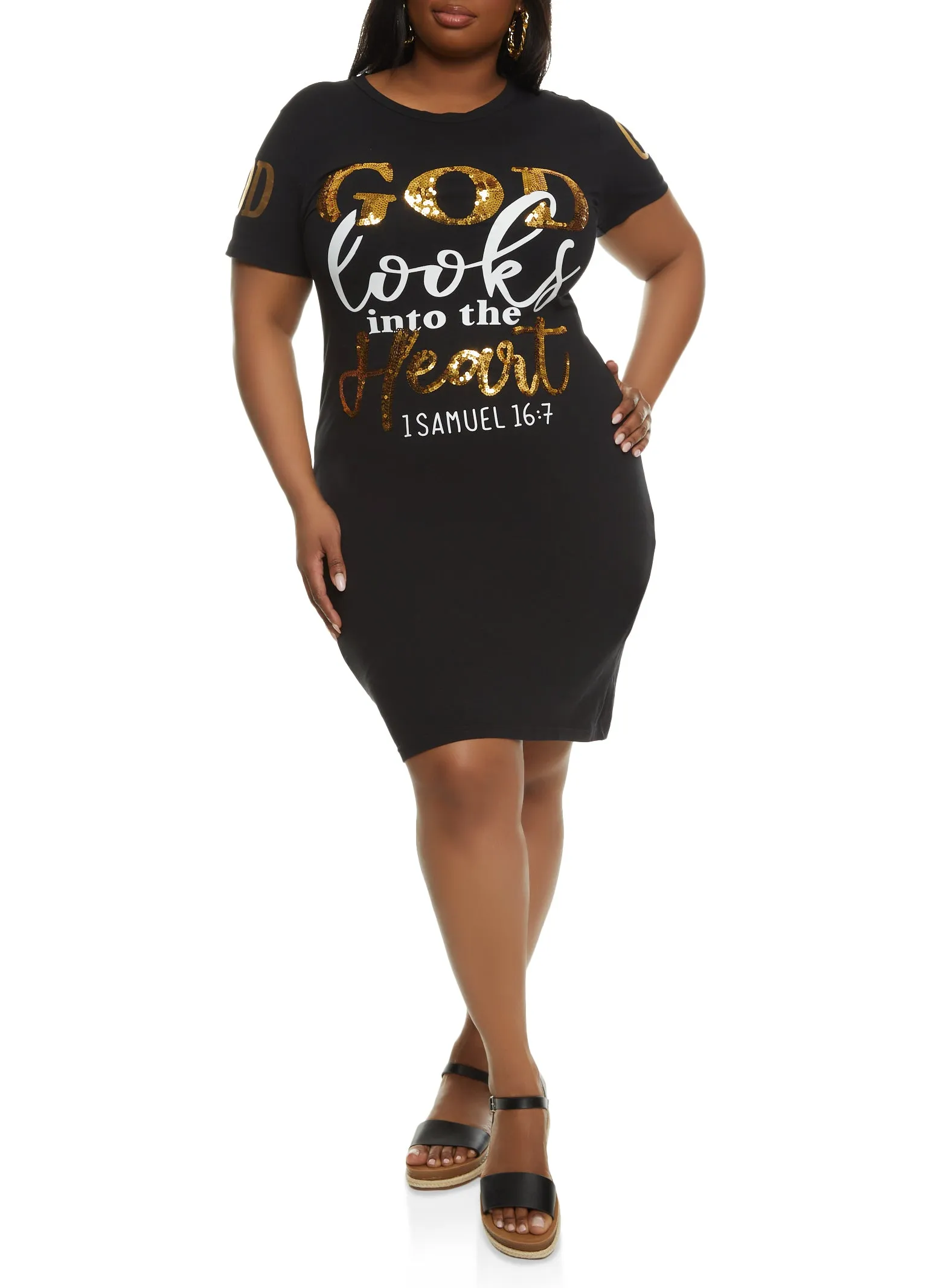 Plus Size Sequin God Looks Into The Heart T Shirt Dress sold by Rainbow