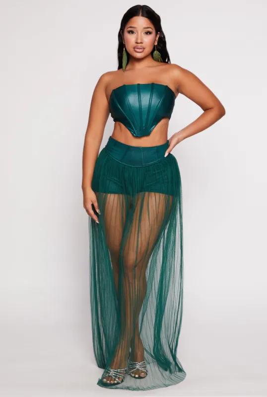 Faux Leather Waist Mesh Pleated Maxi Skirt sold by Rainbow