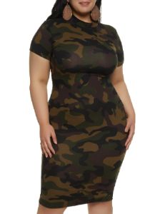 Plus Size Mock Neck Printed Midi Dress sold by Rainbow