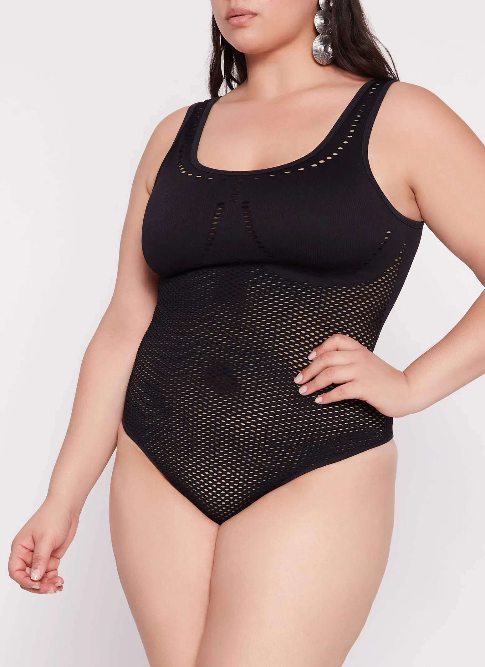 Plus Size Seamless Ribbed Laser Cut Tank Bodysuit sold by Rainbow