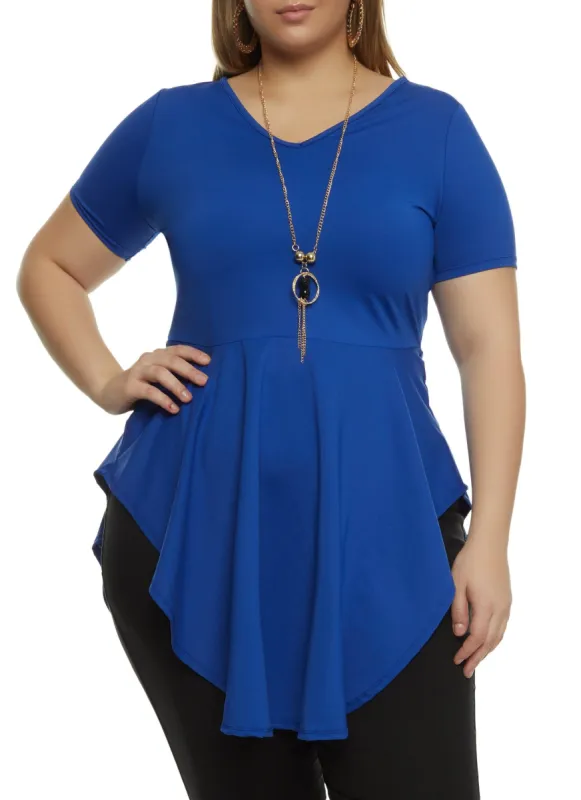 Plus Size Hanky Hem Peplum Top with Necklace sold by Rainbow