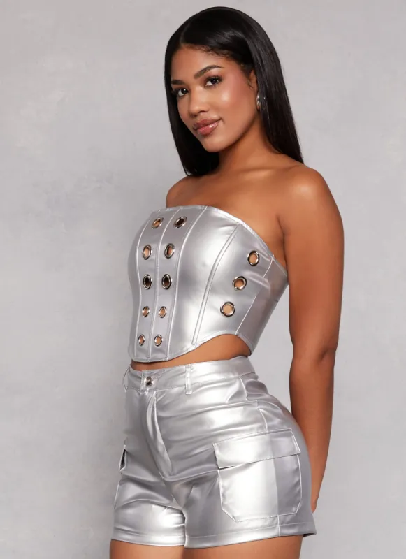 Faux Leather Grommet Detail Corset Crop Top sold by Rainbow