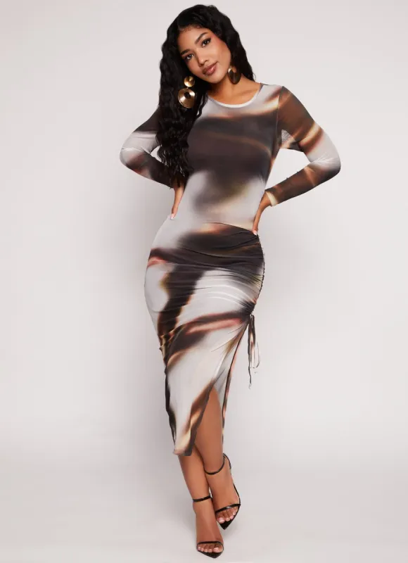 Almost Famous Mesh Printed Long Sleeve Midi Dress sold by Rainbow