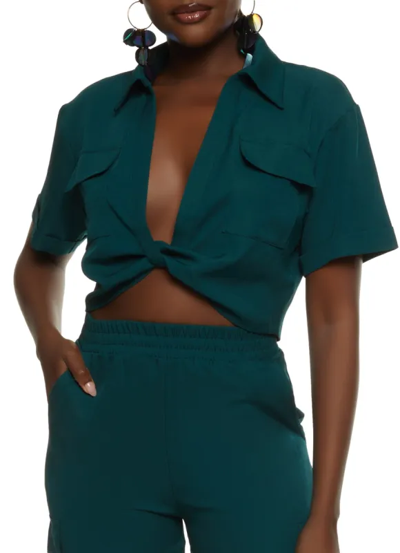 Crepe Knit Twist Front Pocket Shirt sold by Rainbow